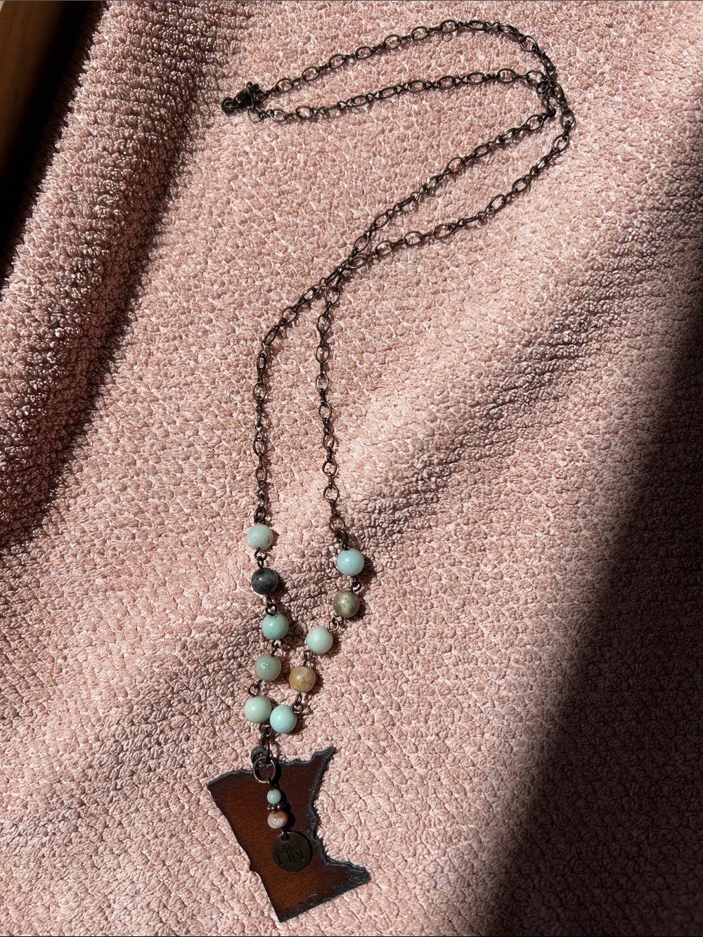 Handmade Mint Green Beaded Pendant Necklace with Minnesota Charm